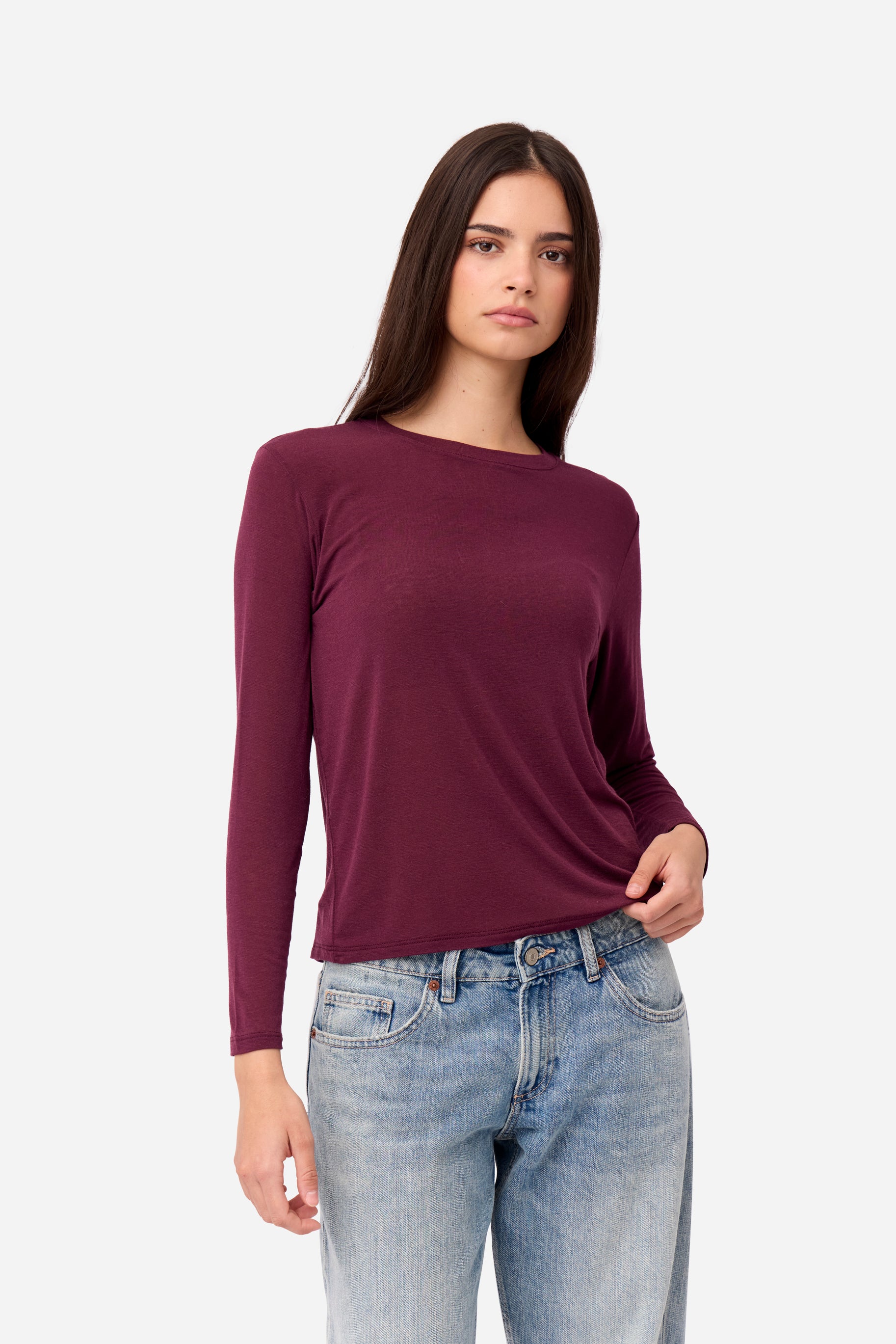 T-shirt Cachemire Manches Longues Aubergine