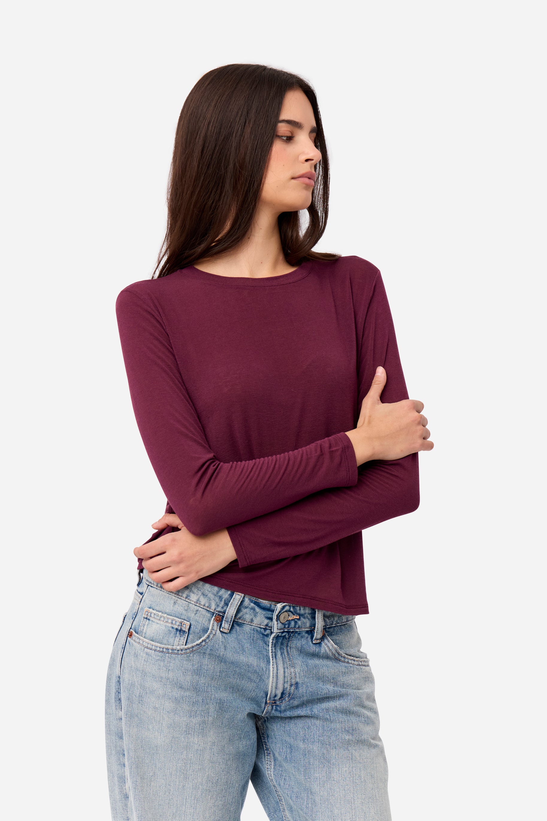 T-shirt Cachemire Manches Longues Aubergine
