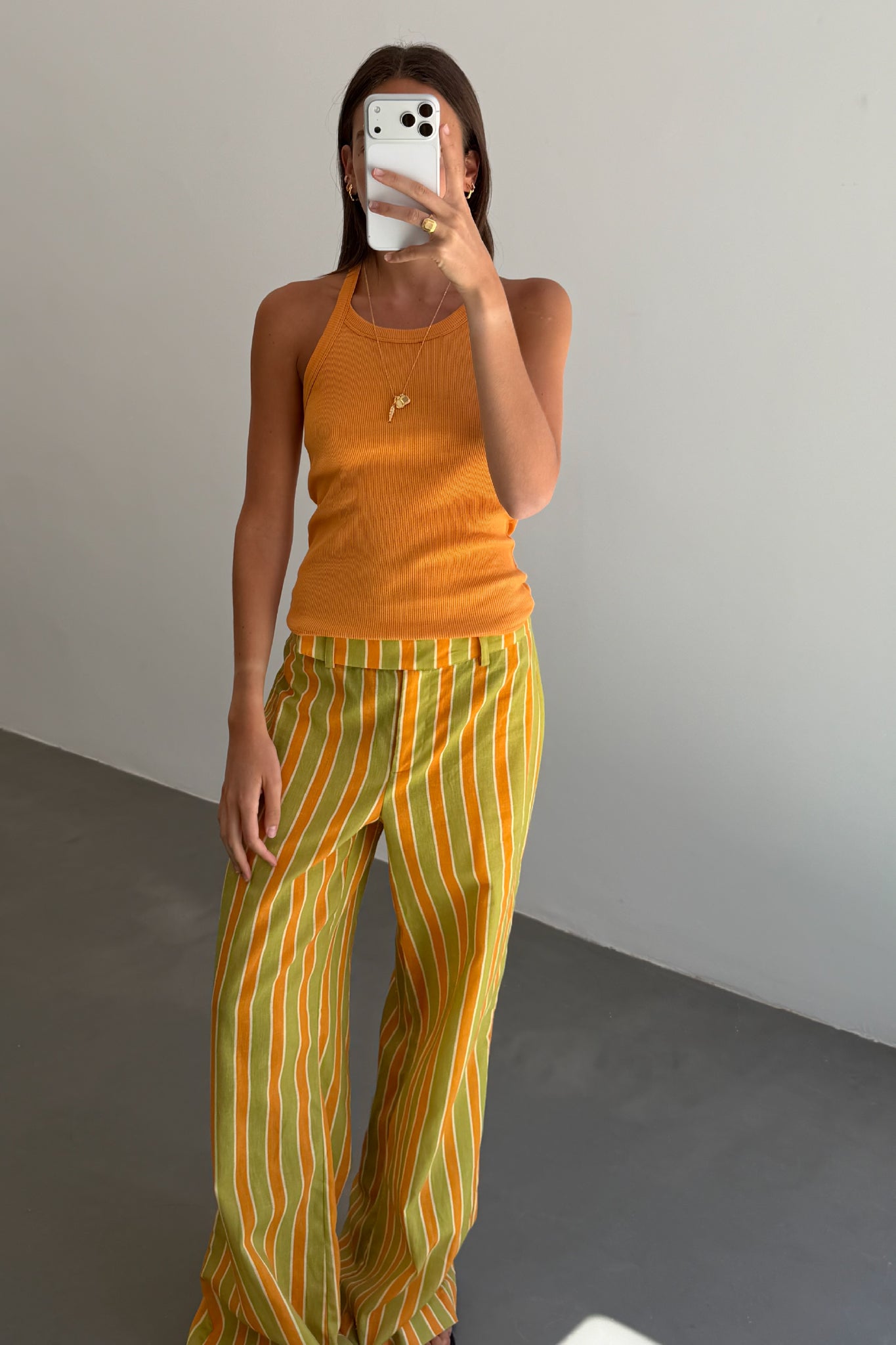 Pantalon à Rayures Orange et Vert