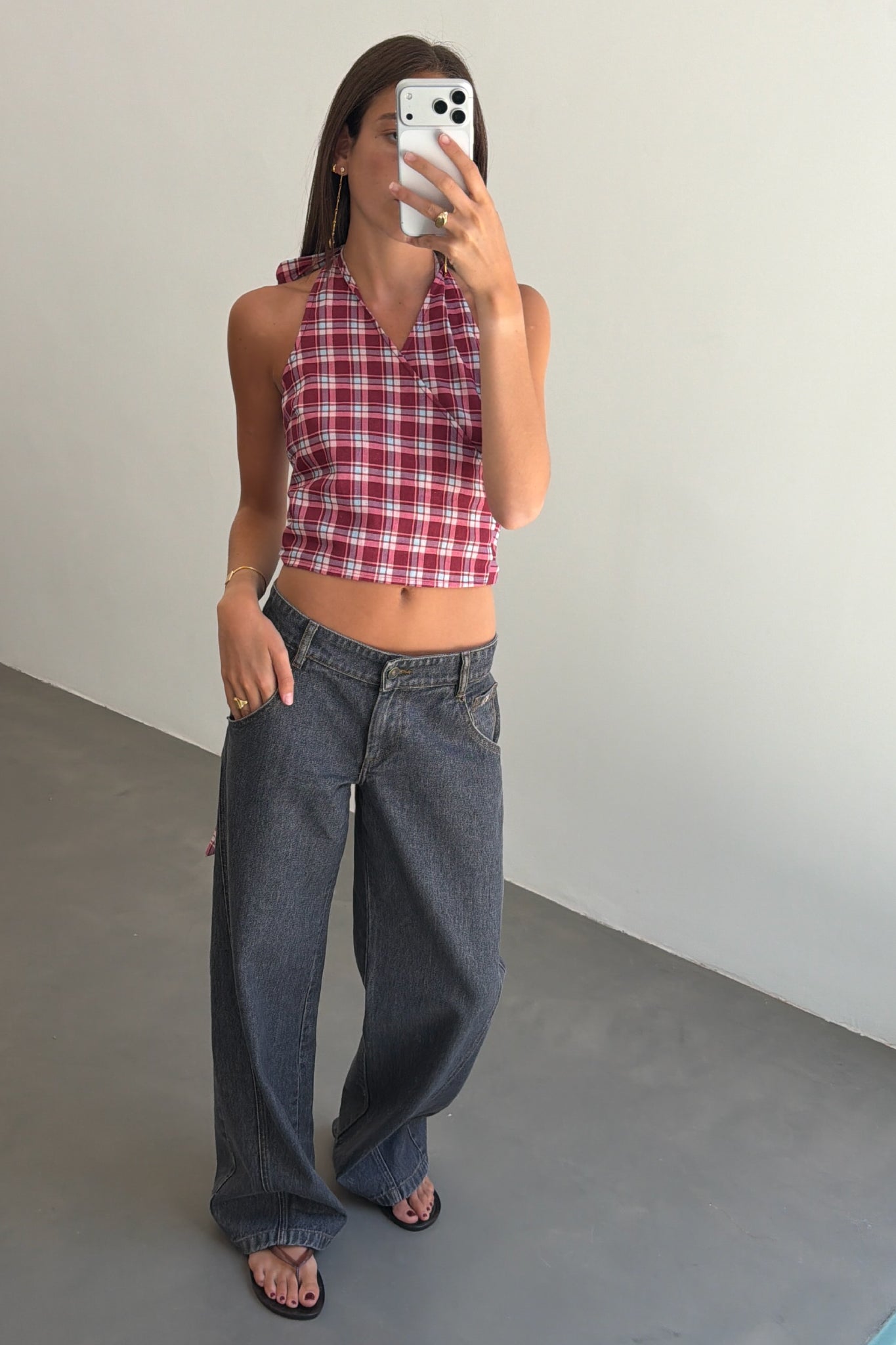 Burgundy and Pink Check Halter Top