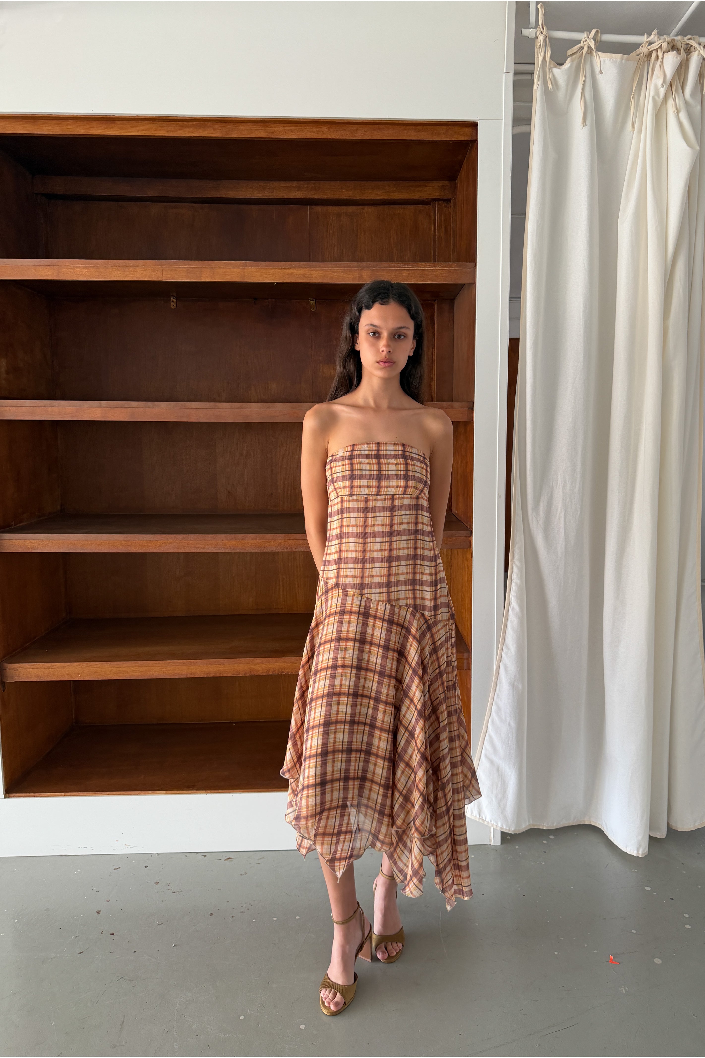 Yellow Plaid Strapless Dress