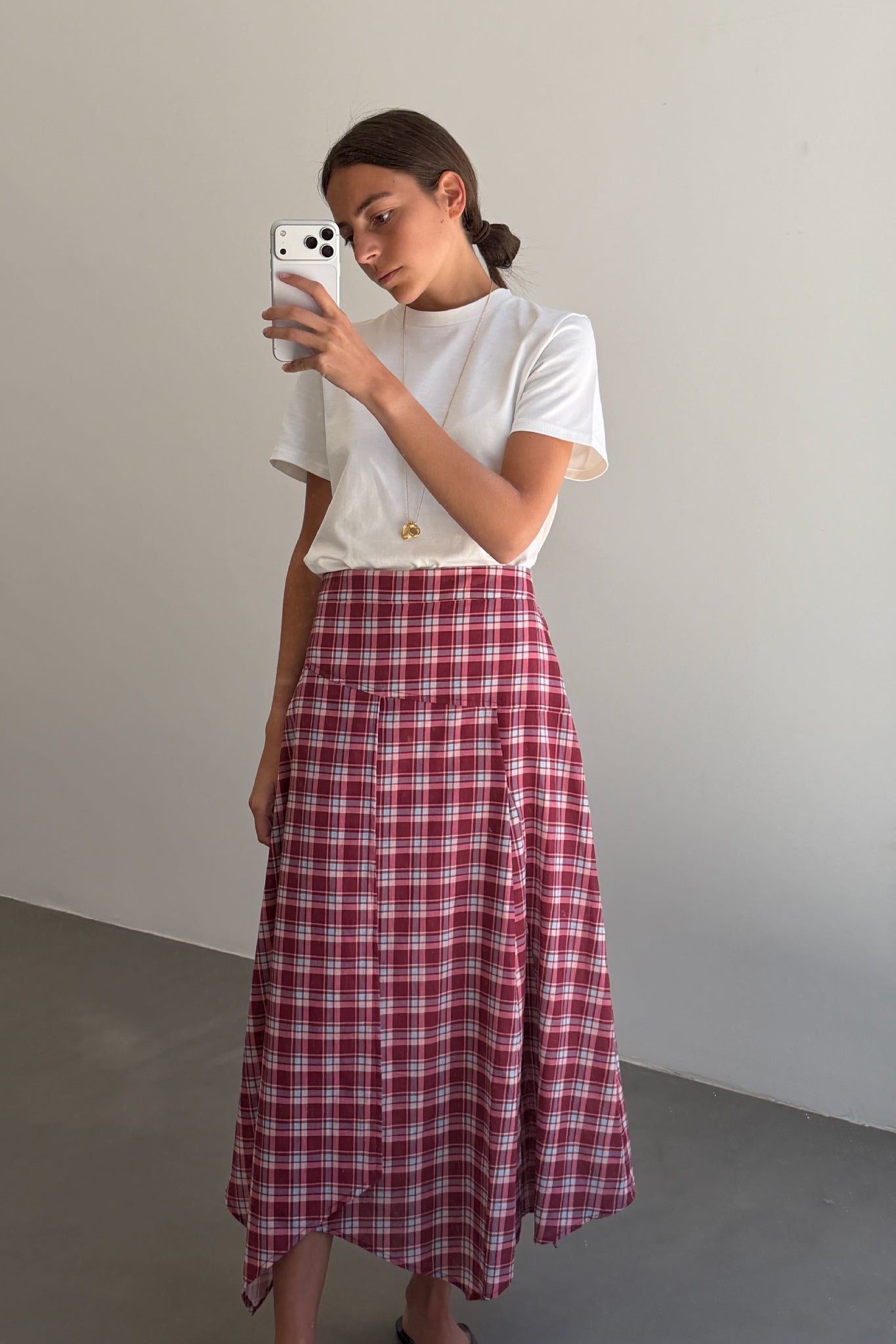 Burgundy and Pink Check Asymmetric Skirt