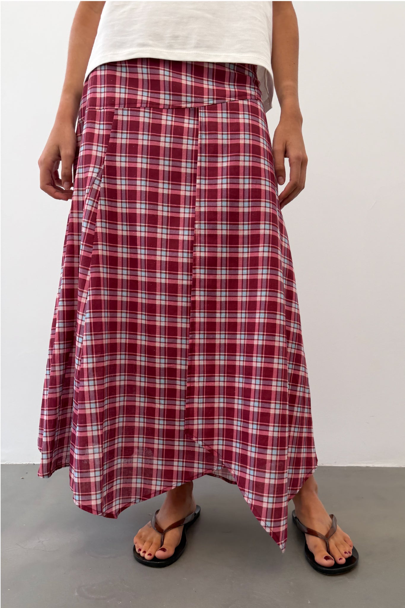 Burgundy and Pink Check Asymmetric Skirt