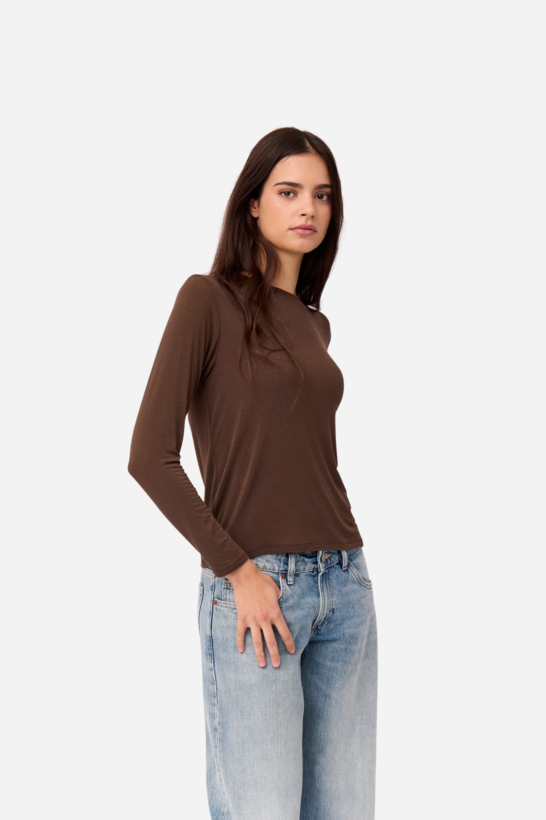 T-shirt Cachemire Manches Longues Marron