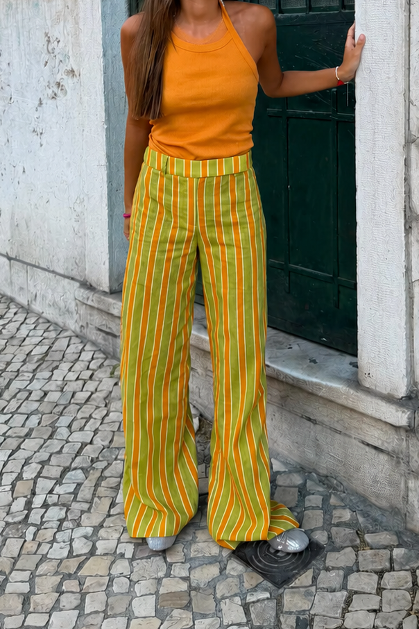 Pantalon à Rayures Orange et Vert