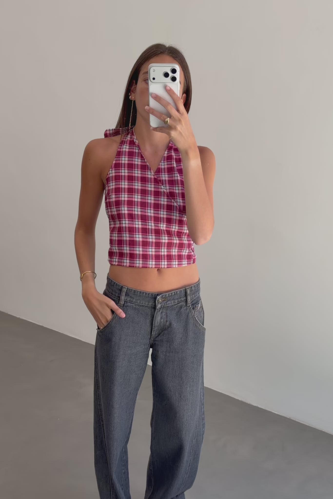 Burgundy and Pink Check Halter Top
