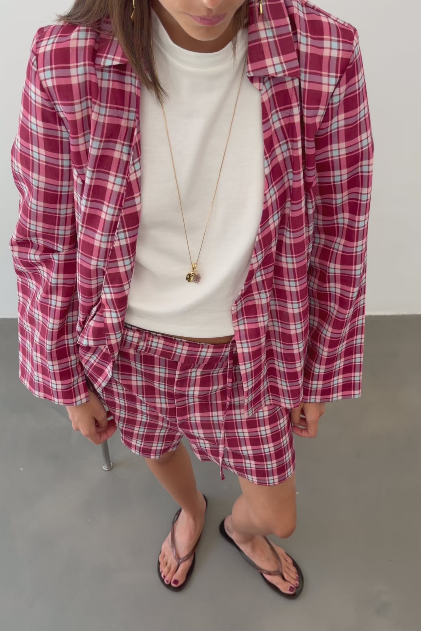 Burgundy and Pink Check Tie Blouse