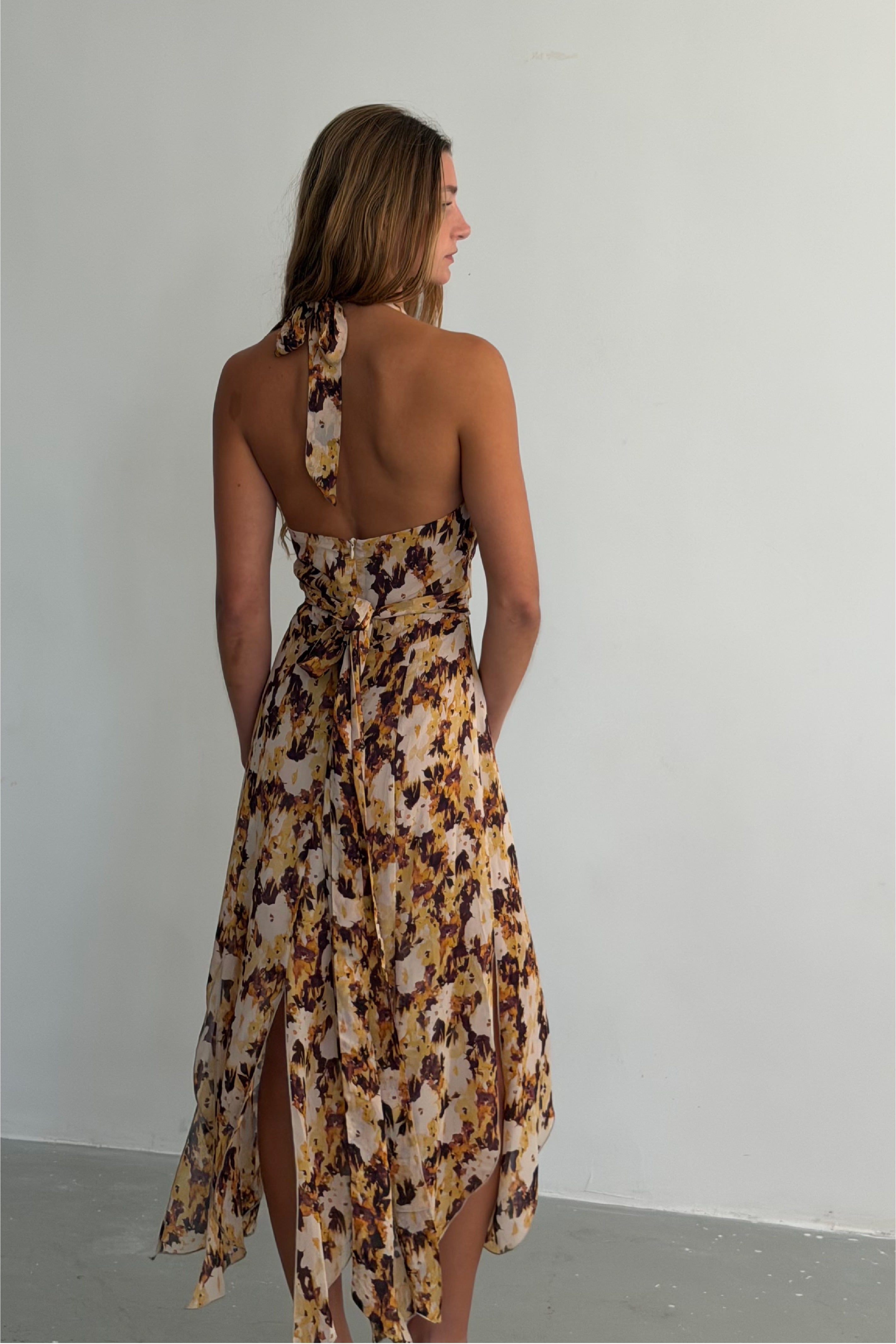 Yellow Floral Halter Dress